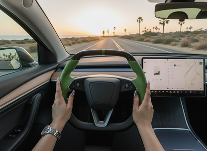 Green Leather Carbon Fiber Customize Tesla Model Y Juniper Steering Wheel - Super Enhancer (2025+) Axeco
