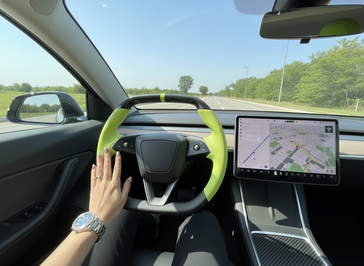 Fluorescent green Leather Carbon Fiber Customize Tesla Model Y Juniper Steering Wheel - Super Enhancer (2025+) Axeco