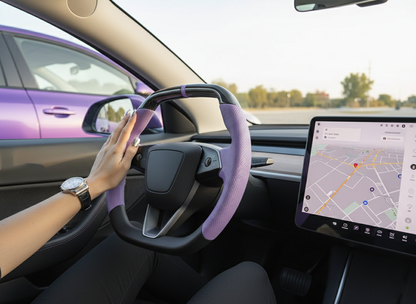 Light purple Leather Carbon Fiber Customize Tesla Model Y Juniper Steering Wheel - Super Enhancer (2025+) Axeco