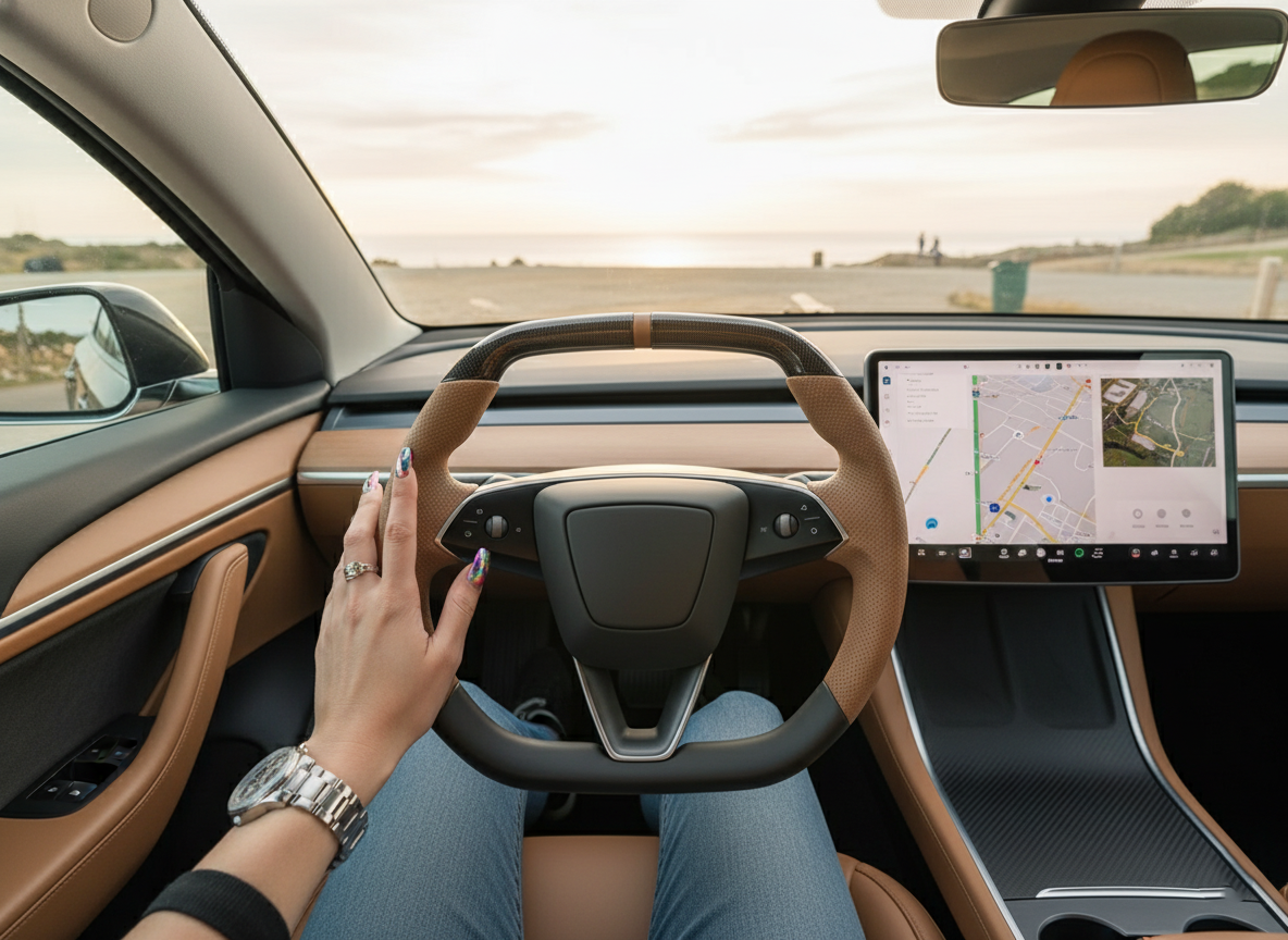 Brown Leather Carbon Fiber Customize Tesla Model Y Juniper Steering Wheel - Super Enhancer (2025+) Axeco