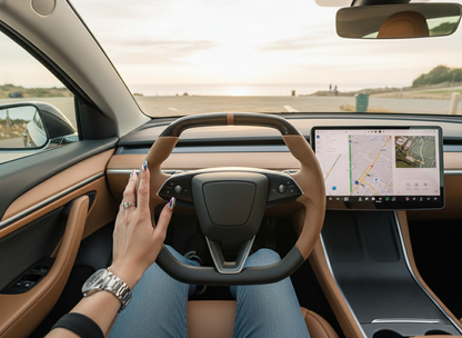 Brown Leather Carbon Fiber Customize Tesla Model Y Juniper Steering Wheel - Super Enhancer (2025+) Axeco