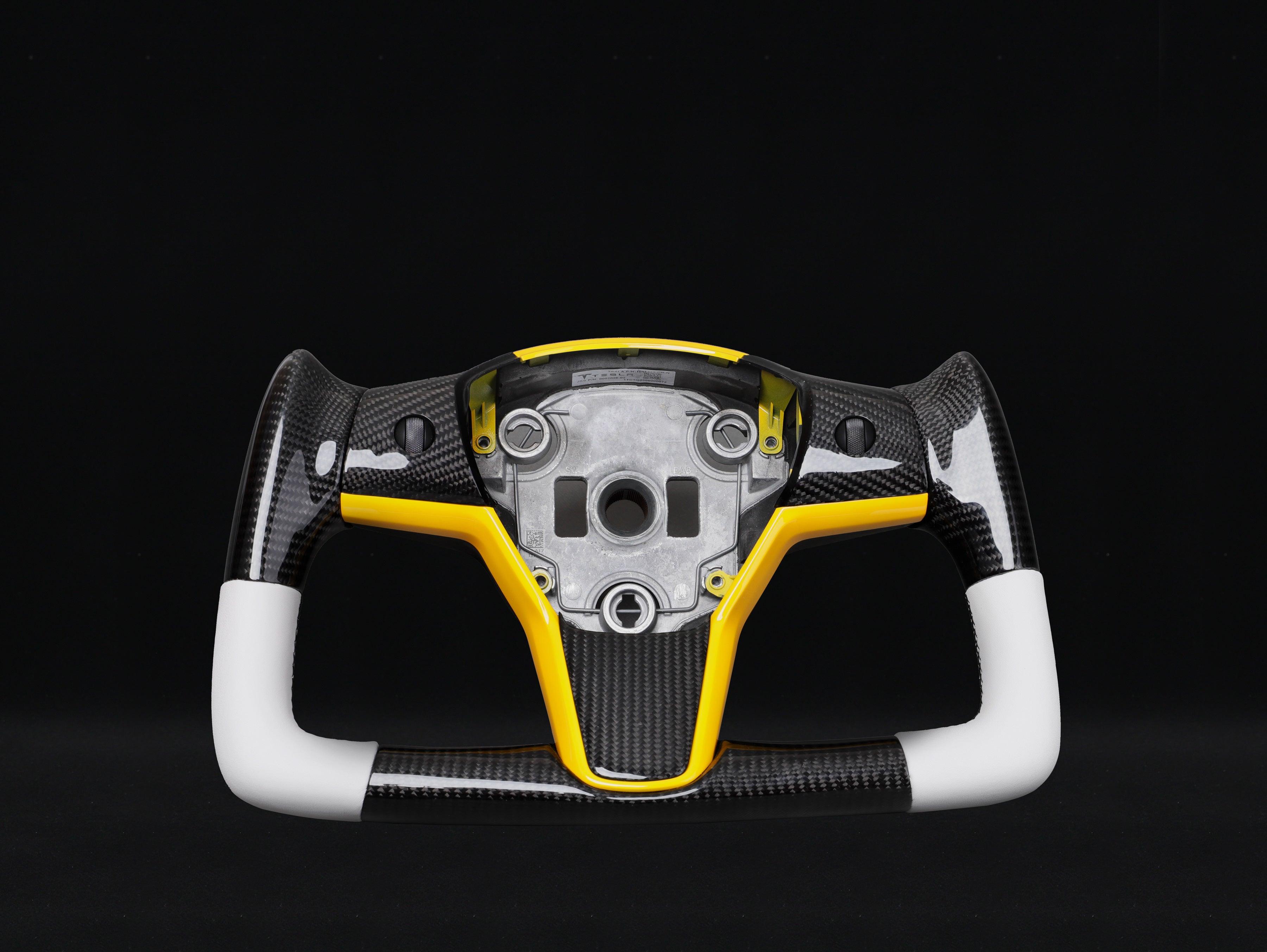 Model Y Yoke Glossy Black Carbon Steering Wheel White Leather with Yellow U Trim - Axeco